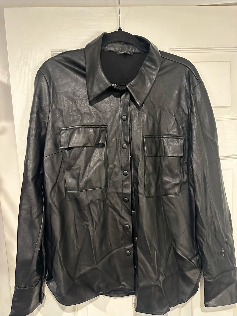 Black Faux Leather Button-Up Jacket - Designer Label